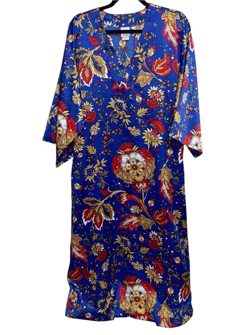 N Natori Caftan Dress Womens Small Kimono Sleeves Satin Floral Kaftan Pockets